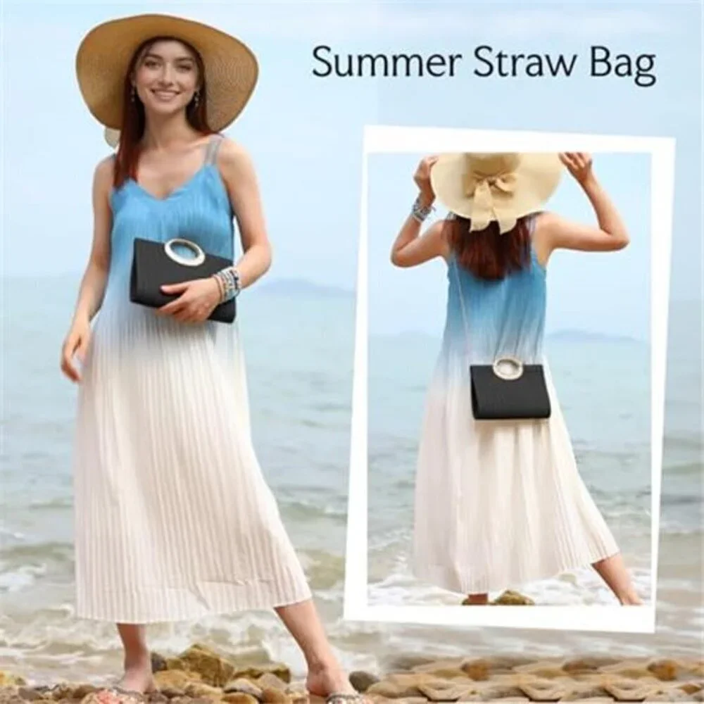 Black Straw Top Handle Clutch Purse Women Handbag